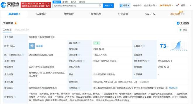 螞蟻集團(tuán)布局科技零售，杭州云帆科技注冊資本千萬起航